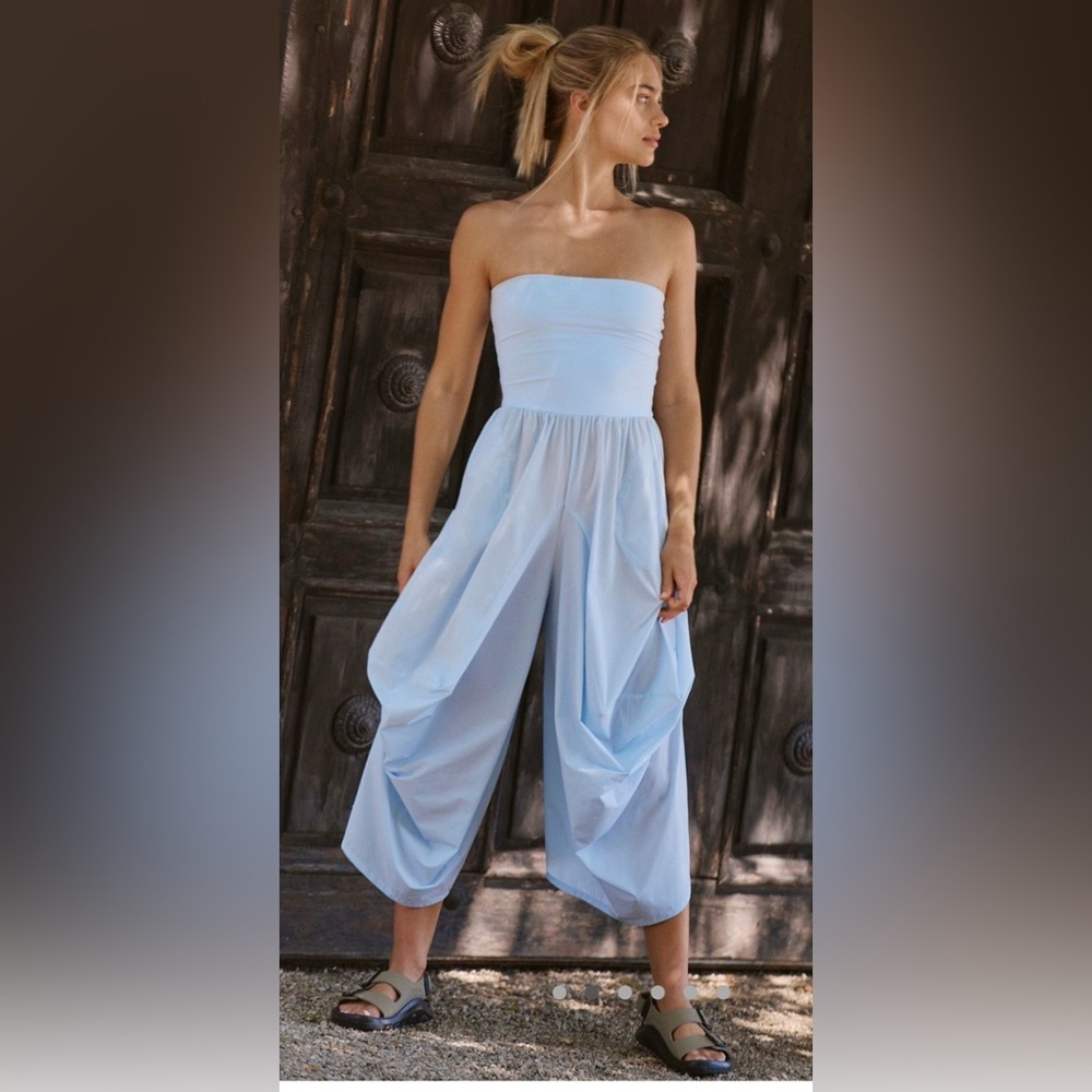 Free People Light Blue Strapless Wide-Leg Jumpsuit